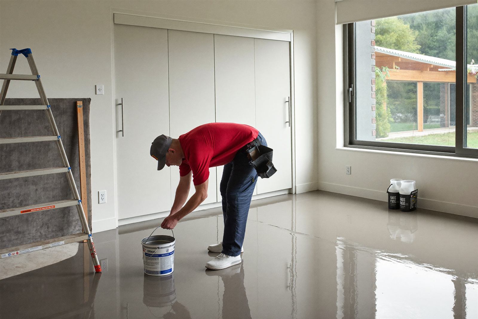 Handwerker verlegt hochwertigen Bodenbelag in einem renovierten Raum
